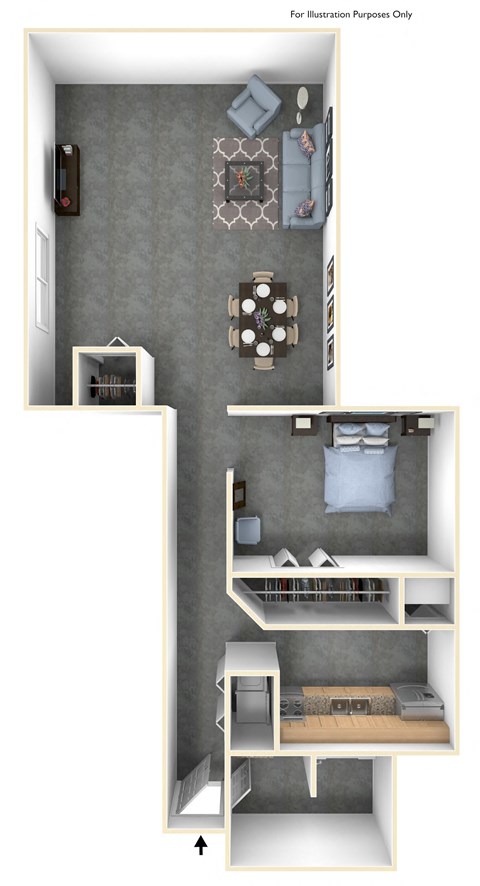 a stylized floor plan with a bedroom and a living room